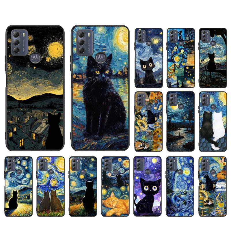 Handyhülle für Moto G86 G85 G75 G15 G05 G56 G72 G53 G54 G84 G60 G31 G32 G24 G 5G G Play Sternennacht van Gogh Katze