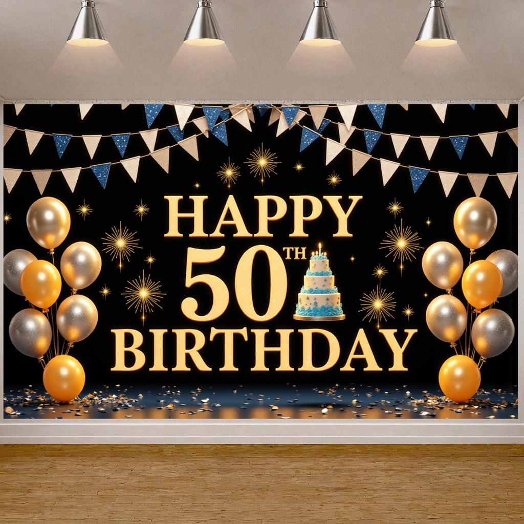 50th Celebration Display Triangular Bunting Golden Birthday Banner Birthday Celebration Banner Golden Glitter For Hotel