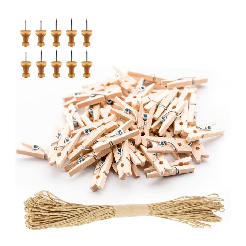 

100Pcs Wood Clips with 10 Thumbtacks and 10m Twine 3.5cm Mini Natural Wooden Clips Photo Clip Small Craft DIY Party Wooden Clip