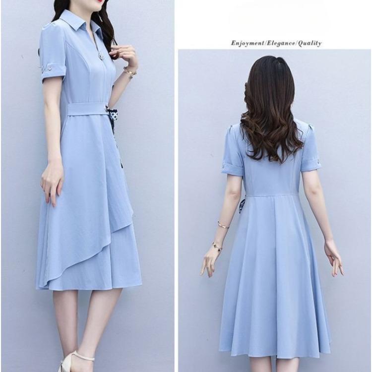 Summer Women's Dresses with Short Sleeves Solid Color Slimming and Covering Belly