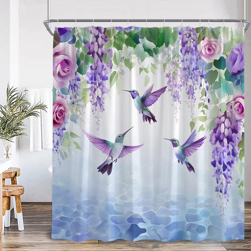 Floral Hummingbird Shower Curtains Watercolor Flowers Butterfly Dragonfly Birds Plant Bath Curtain Modern Fabric Bathroom Decor