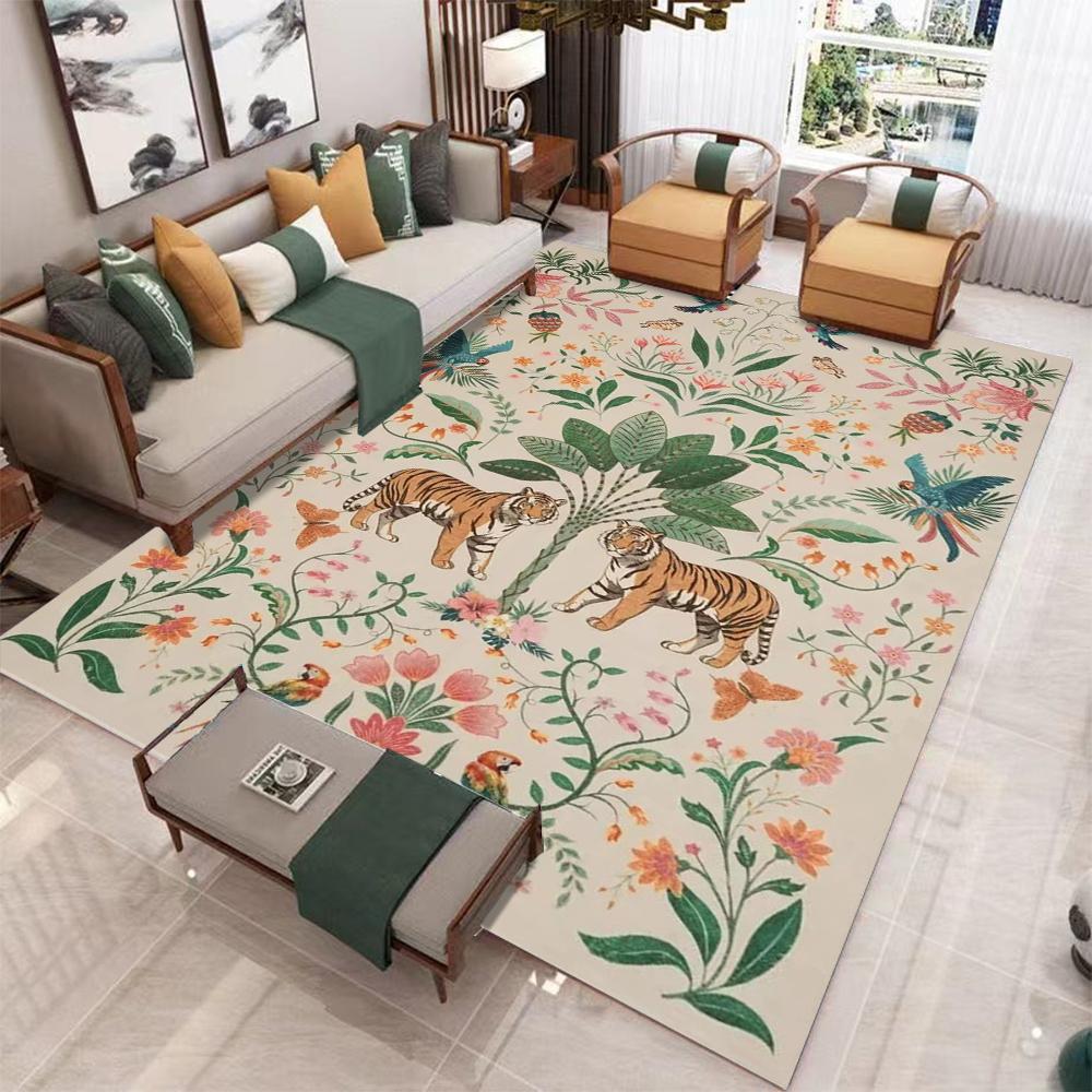 Vintage Jungle Tiger Floral Area Rug with Intricate Green Pattern Large Size Bohemian Luxury Living Room Decorative Carpet