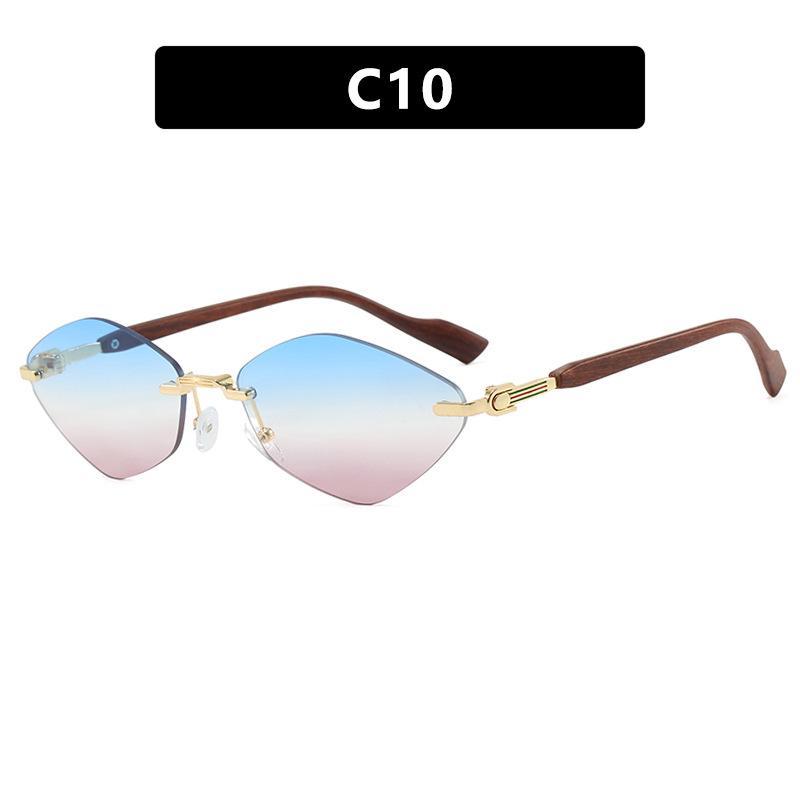 European and American rhombus frameless trimmed sunglasses metal sunglasses wood grain fashion sunscreen UV protection sunglasses women