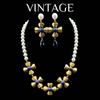 Vintage Gold Lapis Lazuli Inlaid With Four Leaf Clover Temperament Niche Pearl Necklace Earring Set