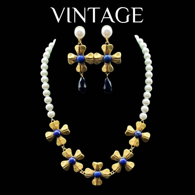 Vintage Gold Lapis Lazuli Inlaid With Four Leaf Clover Temperament Niche Pearl Necklace Earring Set