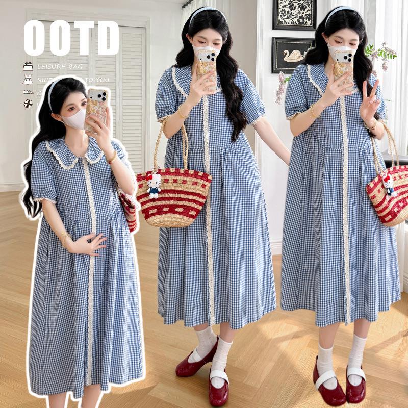 2026 Spring/Summer Blue Plaid Cotton Linen Maternity Dress - Short Sleeve & Loose Fit M