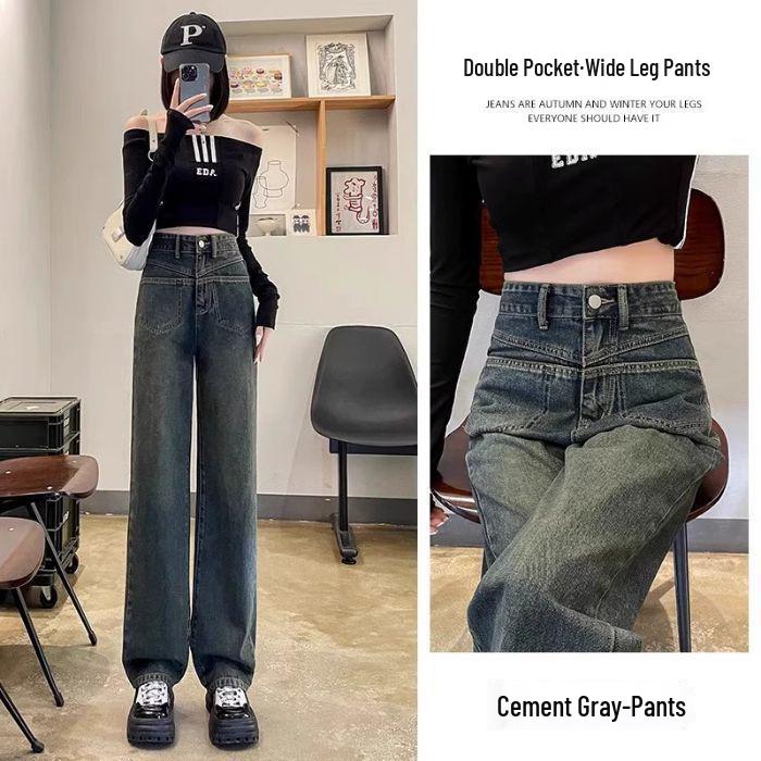 

Цементно-серые женские джинсы прямого кроя с высокой посадкой: Стройнящие, Стильные Зауженные к Широким брюки для Весны и Осени 2025 2XL