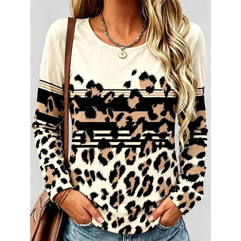 Fashion Women's Crew Neck Long Sleeve 3D Casual Color Printing Casual Long Sleeve Crew Neck T-Shirt