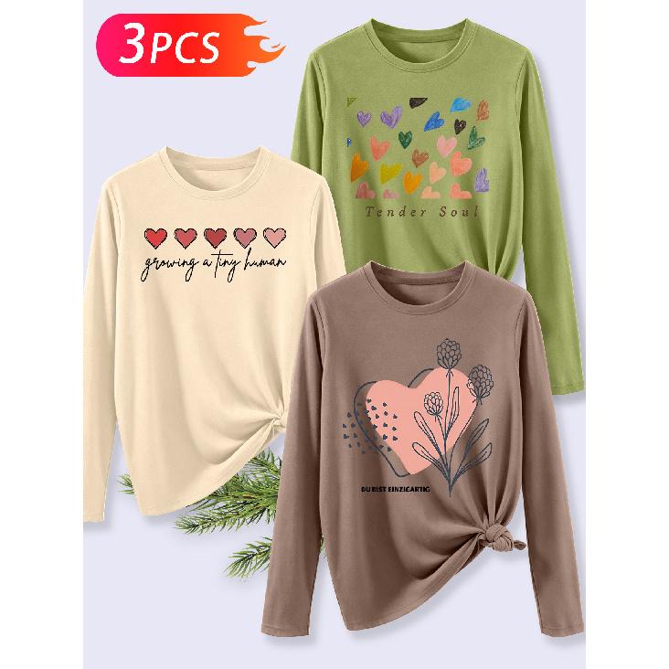 3Pcs Elegant Long Sleeve T Shirt Gift For Women Daily Leisure Nurturing New Life Soft Hearted Unique Print Pattern Set