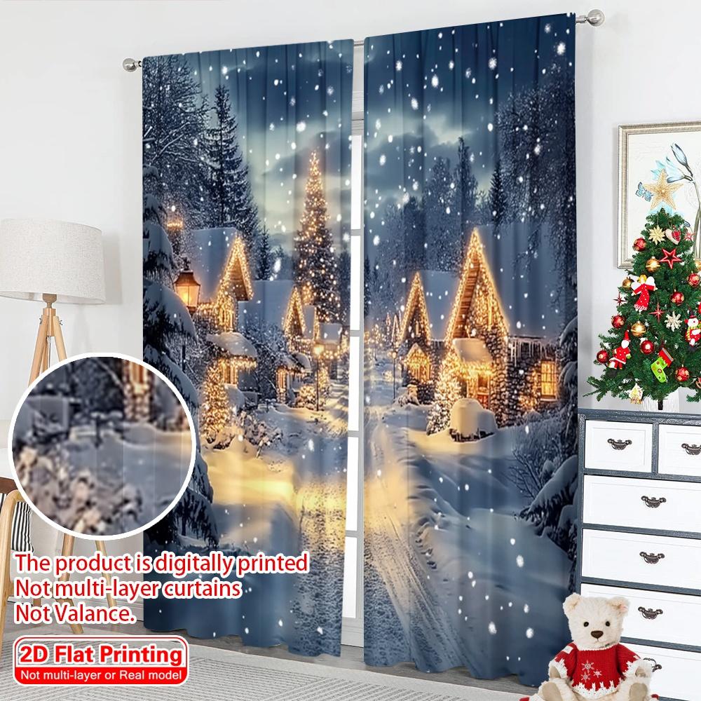 Set Of 2 Flat Printing Merry Christmas Popular Window Curtains Snow Scene Polyester Fabric Without Electricity Birthday Curtain