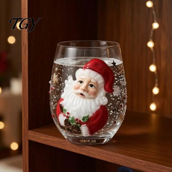 Christmas Glass Cup Stemless Cup, Santa Claus Decorative Drinking Glass, Unique Holiday Kitchenware Transparent Water Mug for Seasonal Party Supplies