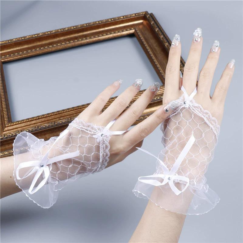 Elegant Short Lace Gloves with Bow, Fingerless Gloves for Wedding, Party & Cosplay
