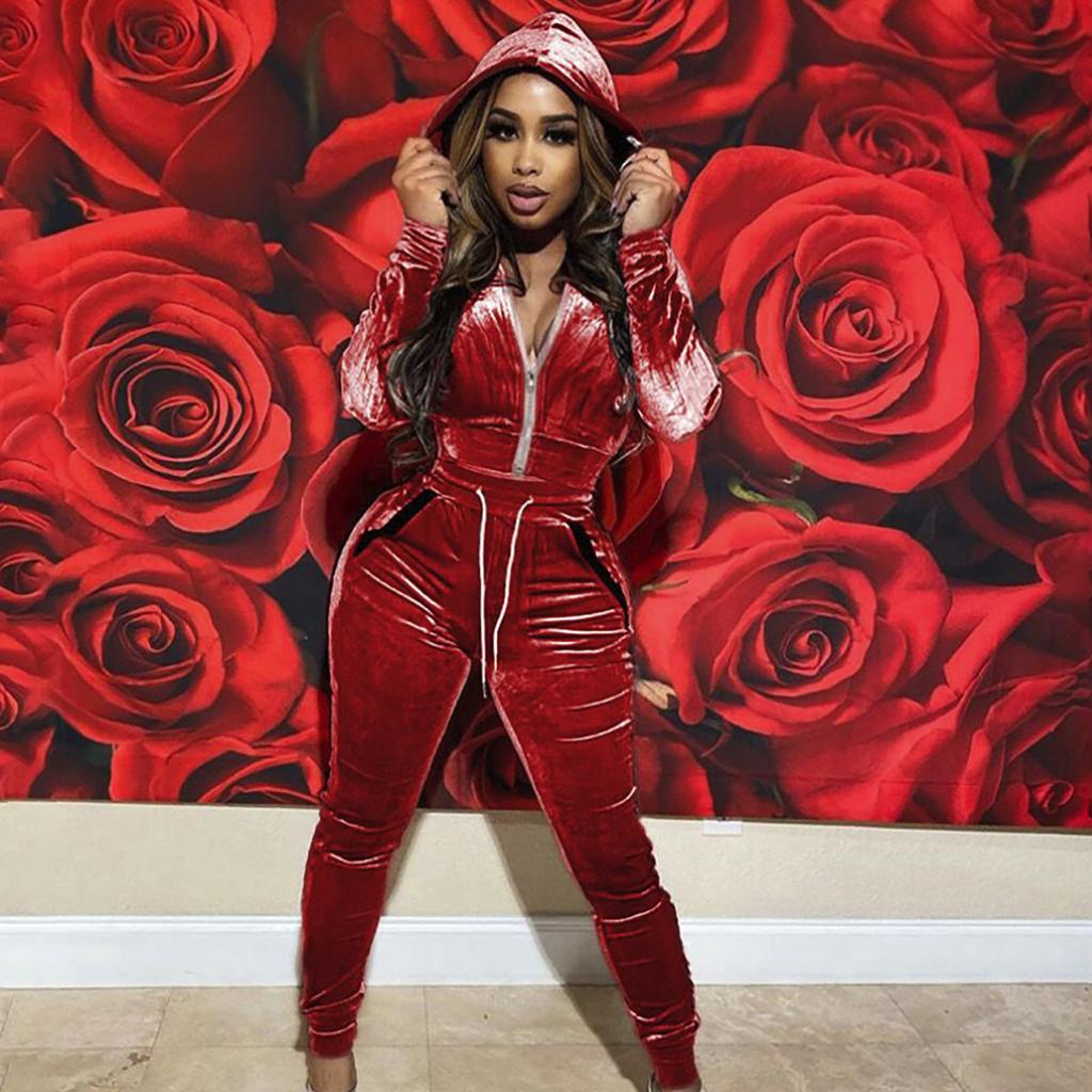 Women's Fashion Hooded Long Sleeve Slim Zipper Sports Casual Velvet Suit