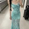 Mint Green Print Mesh Seaside Beach Dress Dress Summer Sexy Slim Fit with Suspenders Fishtail Dress
