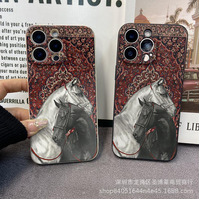 Retro pattern horse suitable for iPhone15 mobile phone case 14PROMAX all-inclusive 13 anti-drop 16/15 protective case 17
