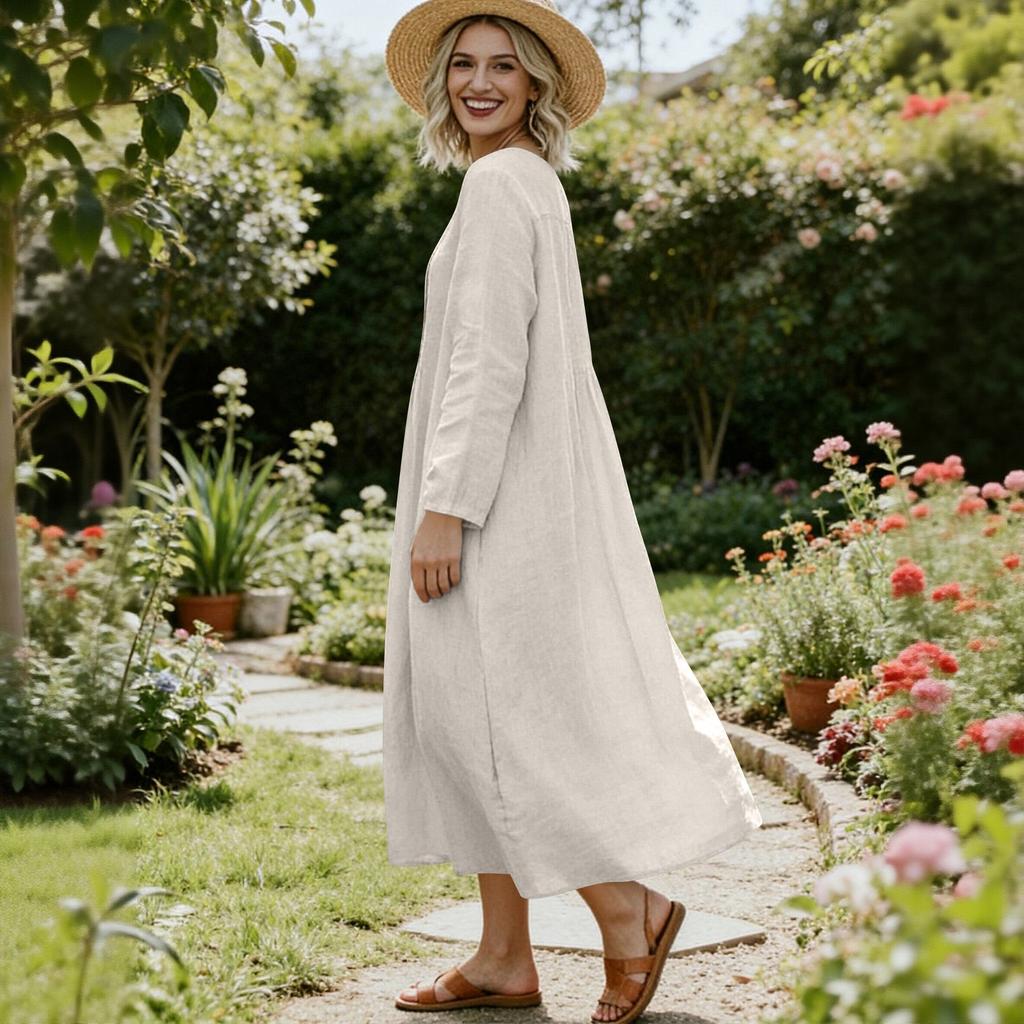 Women's Ound-neck Pleated Skirt With Pockets, Long-sleeved Cotton And Linen Dress