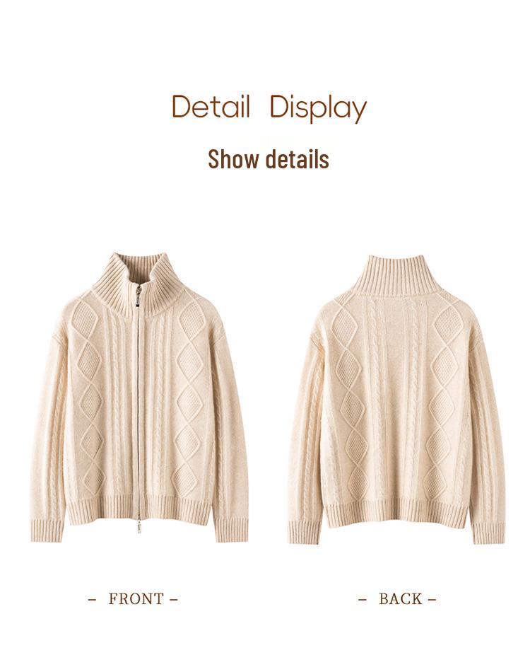 2025 Autumn/Winter Women's Diamond Pattern Cashmere Cardigan - Gentle Style Short Zipper Jacket