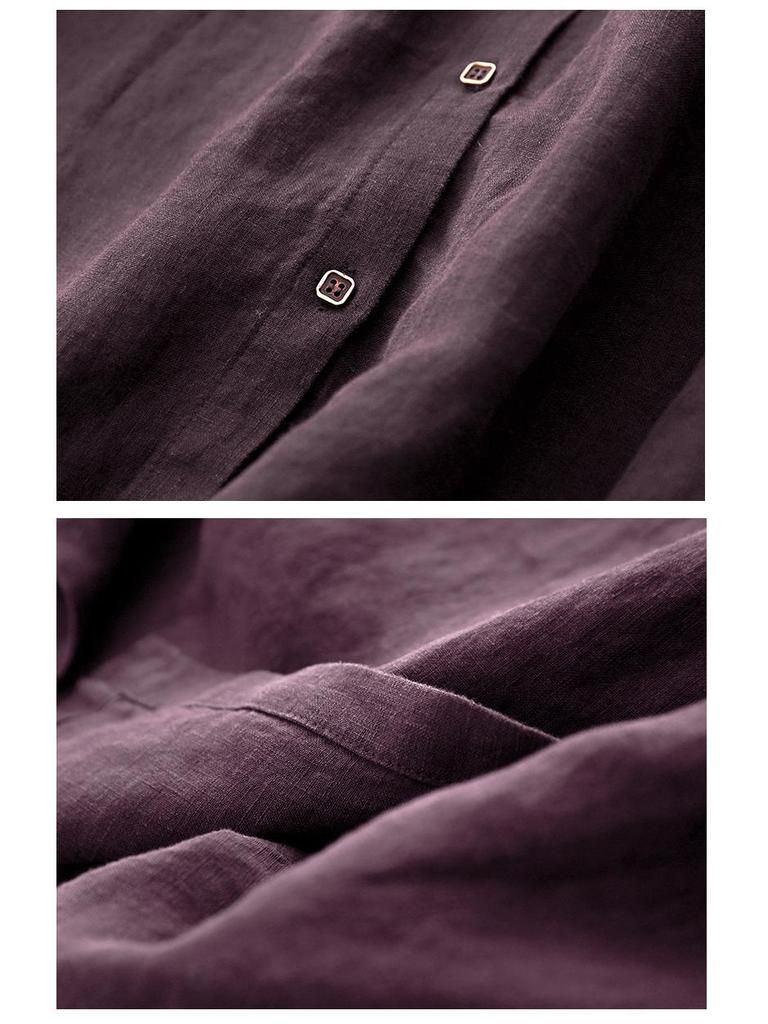 2025 Wiosna/Jesień Damska Bawełniana Lniana Sukienka z Dekoltem w Serek w Kolorze Klawretowym z Otwartym Przodem Dwuwarstwowa z Długim Rękawem Wyszczuplająca