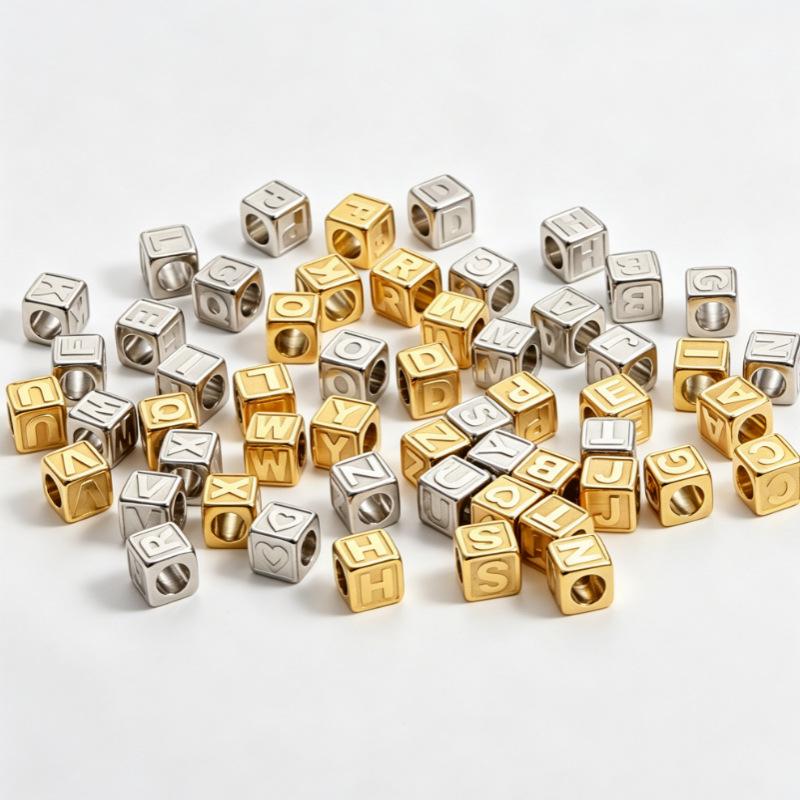 Etched Stainless Steel Square Letter Beads for DIY Necklaces & Bracelets