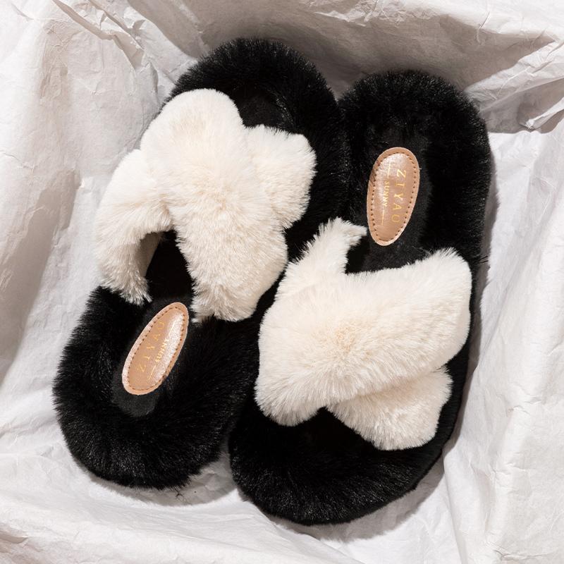 Fashion Fashion Cross Strap Fluffy Slippers for Women Winter Warm Faux Rabbit Fur Slides Woman Thick Sole Plush Indoor House Slippers