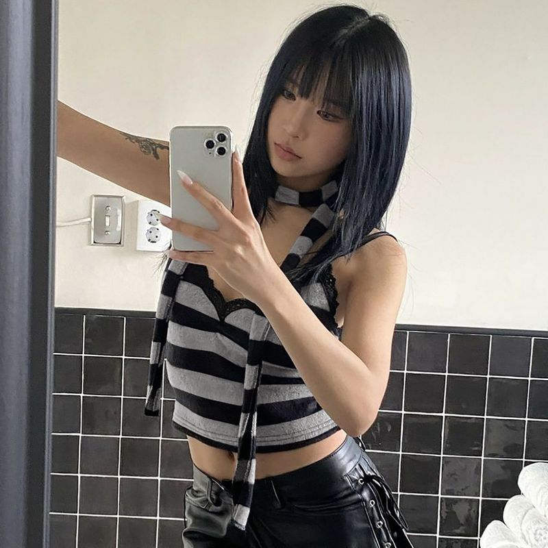 

Gusty K-style Sexy Wind Stripes Lace Lace Camisole Street Sweet and Spicy Chic Halterneck Streamer Tops Grey L