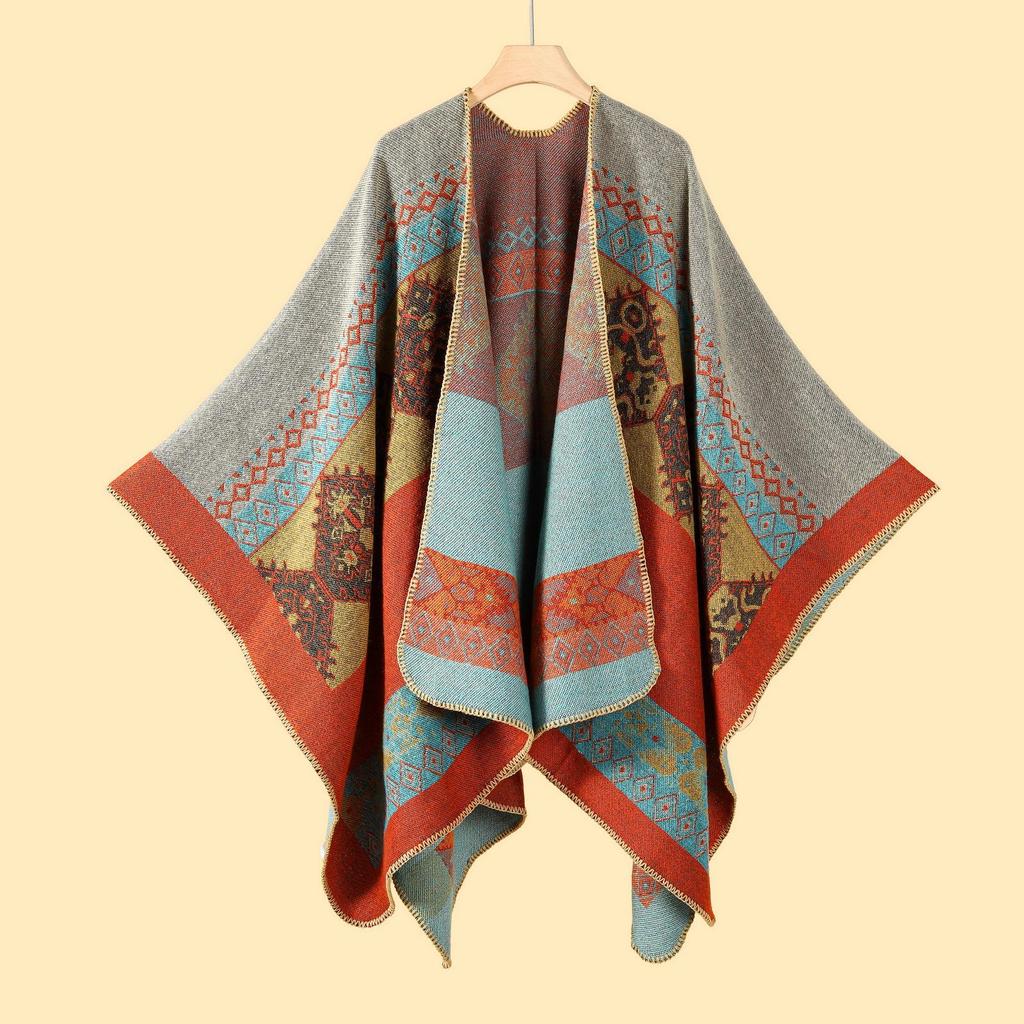 Versatile Plaid Women's Faux Cashmere Shawl: Ethnic Style Slit Cape for Autumn/Winter
