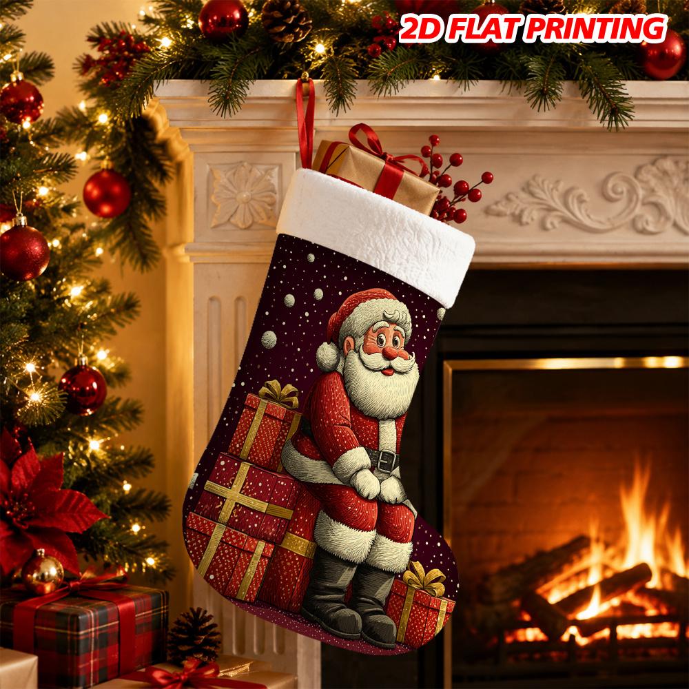 Christmas Decoration Fireplace Hanging Stocking 1pc 1pcs Christmas Stocking with Santa Claus & Snowflakes Desi