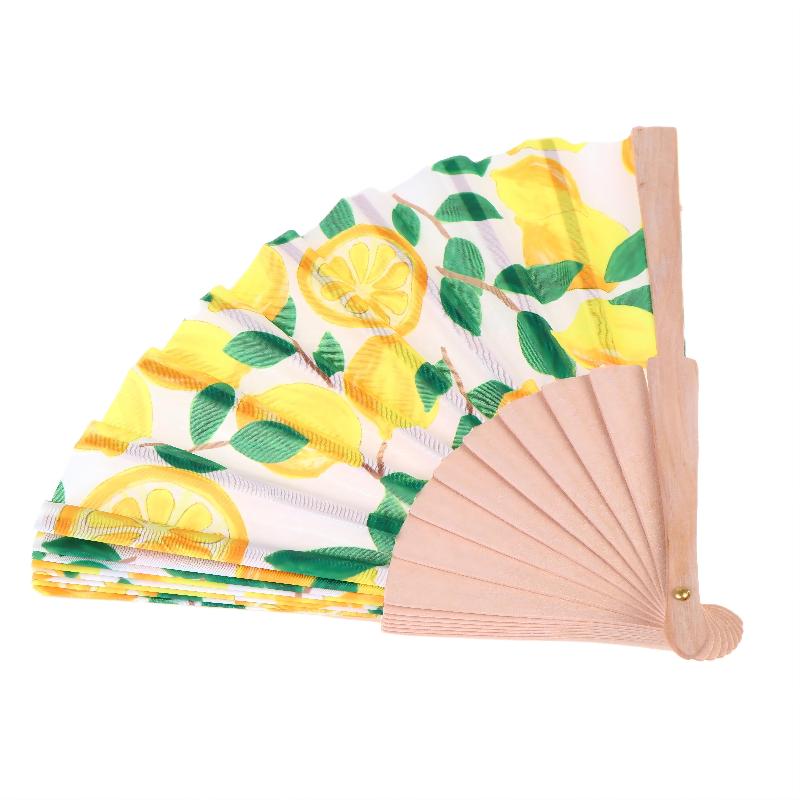 Lemon Print Folding Hand Fan Fruit Pattern Bamboo Fabric Handheld Fan For Summer Cooling Dance Performance Wedding Party Decor