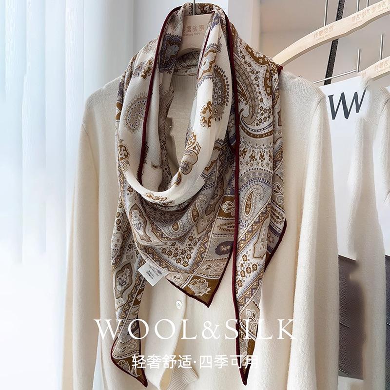 Mulberry silk silk wool silk wool blended brown garden triangle scarf women s spring summer elegant classic shawl silk scarf Standard