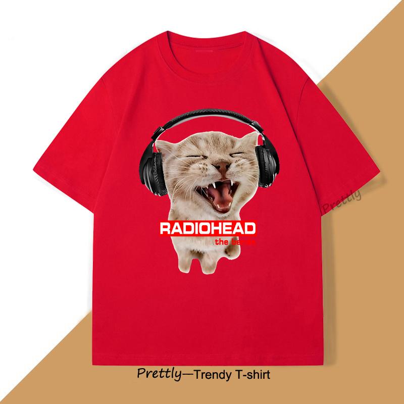 Vintage Cat with Headphones Radiohead T-shirt Cute Cat Rock T Shirt Men Women Cotton Short Sleeve Round Neck Tshirt Streetwear
