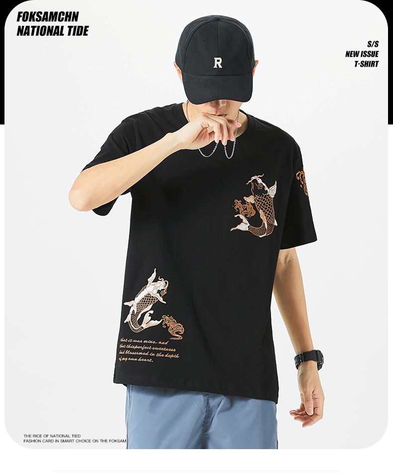 Pánské etnické bavlněné tričko s výšivkou kapra, krátký rukáv, volný střih, nadměrná velikost, styl národní vlny