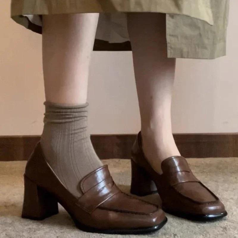 Autumn Women's High Heel Shoes New Fashion Shallow Square Toe Chunky Heel Slip On Shoes for Women Dress Students Mary Jane Shoes