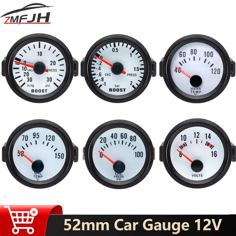 52mm 12V Car Water Temp Gauge Turbo Boost Meter Oil Press Gauge Voltage Indicator Pointer For 12V Car Vehicle Auto Accessories