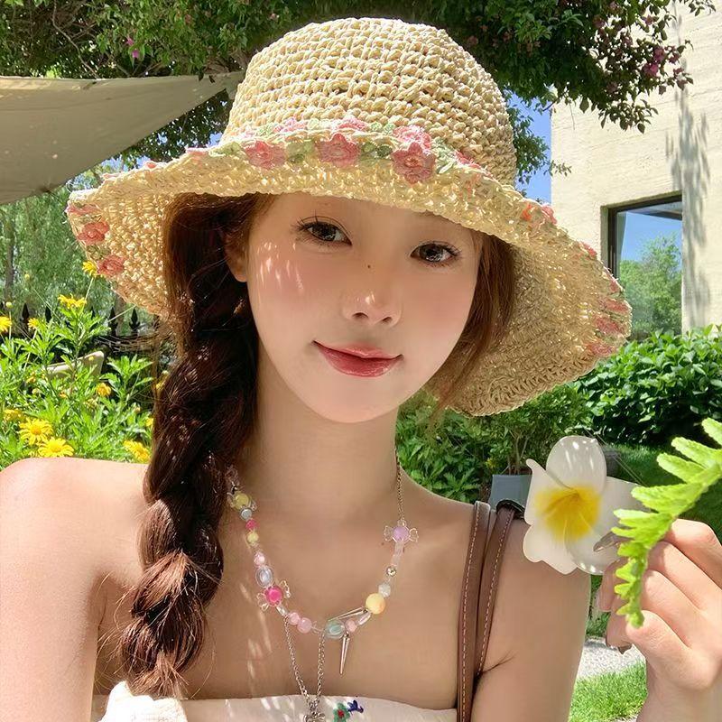 Lace Big Brim Straw Hat Women's Summer Seaside Beach Shade Sunscreen Hat Straw Cover Full Face UV Protection Hat