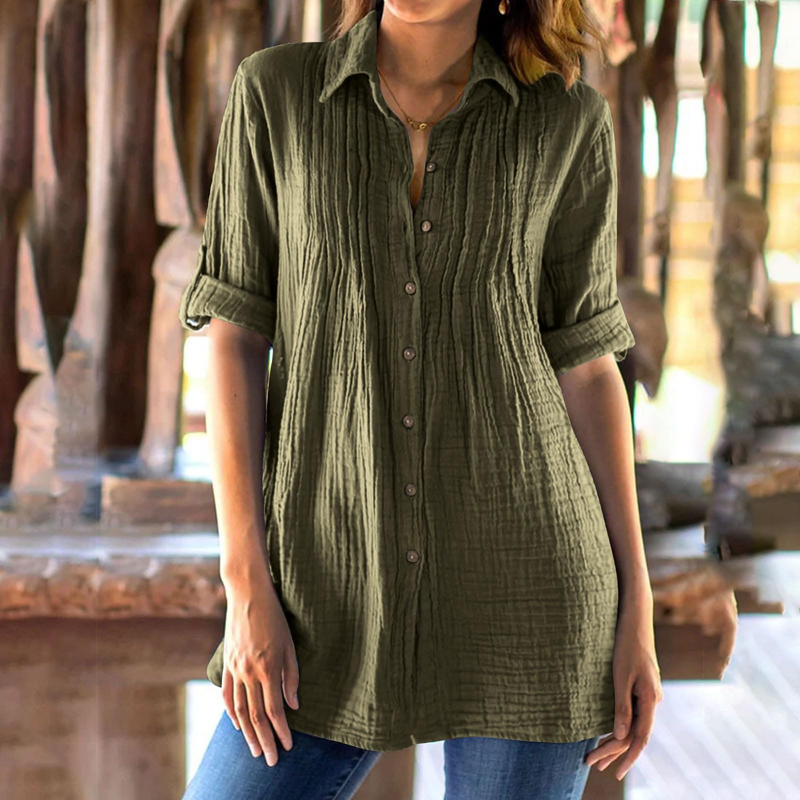 Women s Fashion Single-Button Pleated Collar Shirt Loose-Fit Top XL