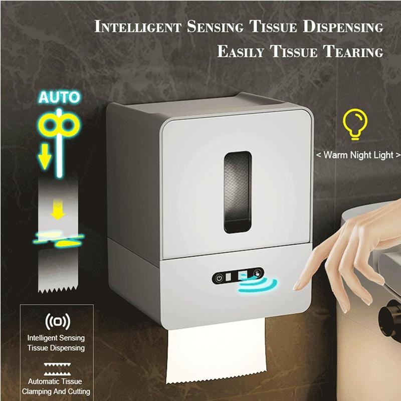 Dispensador Automático de Papel Higiénico, Portarrollos de Baño Inteligente sin Contacto con Luz Nocturna y Carga USB, Funciona con Pilas