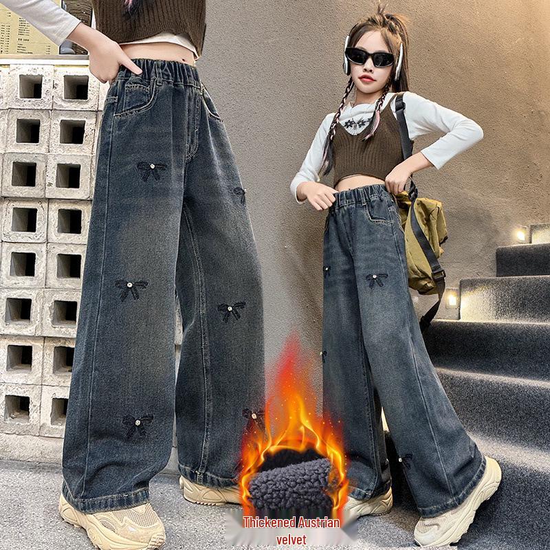 

Девичьи джинсовые брюки с широкими штанинами на флисовой подкладке 2025 - Осенне-зимний стиль 160 cm сине серый