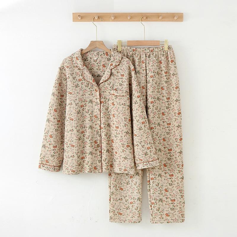 Women's Pajamas Suit Thick Warm Cardigan Winter Pyjamas Sets Long Sleeve Flower Print Home Clothes Sleepwear