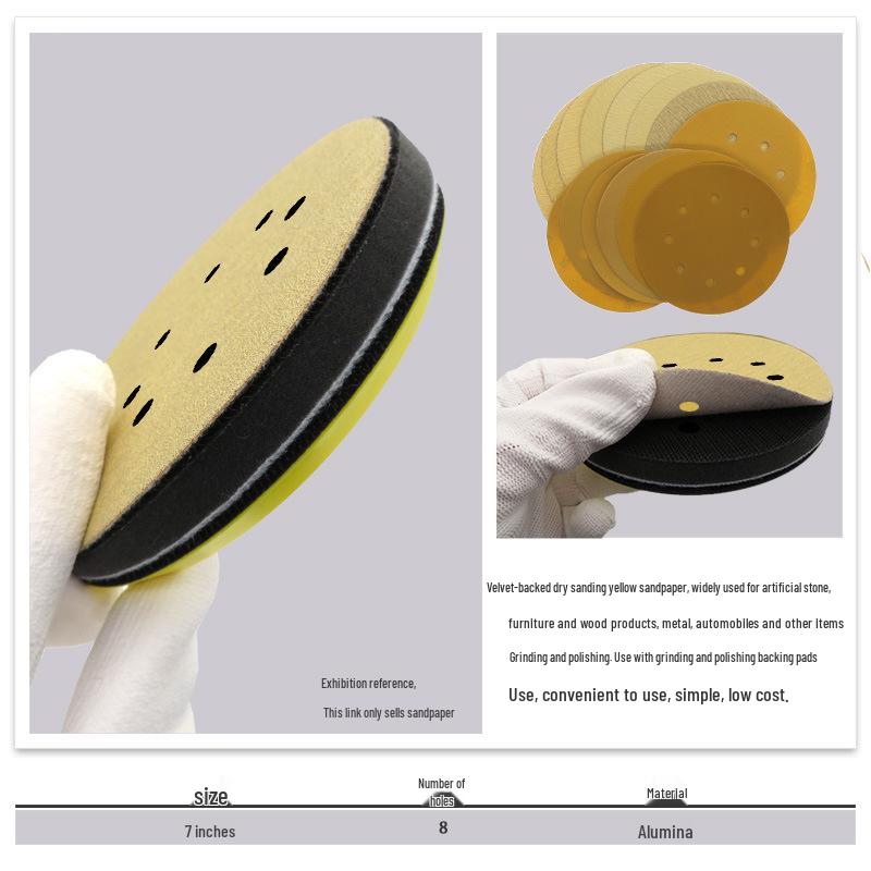 Yellow 7" 8-Hole Self-Adhesive Velvet-Backed Flocking Sandpaper Disc for Dry Metal Grinding & Polishing