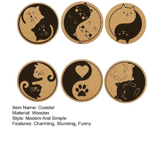 6 Pcs Wood Coasters Funny Cute Cat/Dog Drink Cup Coasters for Coffee Table Bar Kitchen Decor Housewarming Gifts for New Home Couples