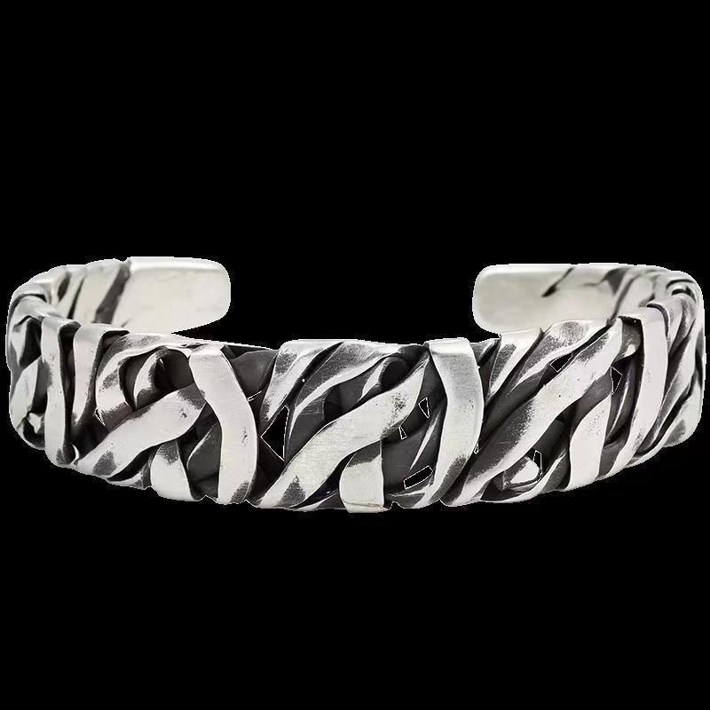 2023 Retro Men's Geometric Woven Cable Open Bangle in Silver-Plated Copper