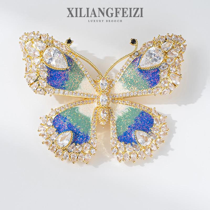 Cloisonné Enamel Copper Zircon Butterfly Brooch - Retro Style Coat Accessory