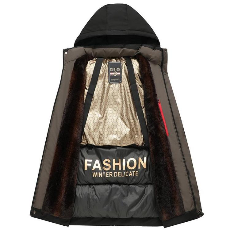 Men Winter Jacket Windproof Warm Thicken Padded Mid Length Coat with Faux Fur Lining Hooded Business Casual Outwear