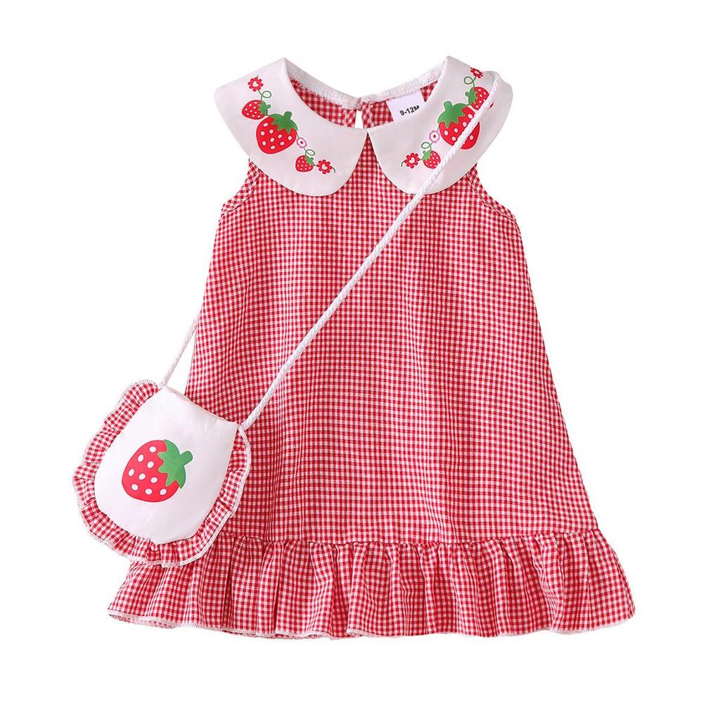 Fashion Summer 2PCS Toddler Red Strawberry Gingham Sleeveless Ruffle Hem Sundress+Purse Summer for 0-3Y Baby Girl Casual Outfit