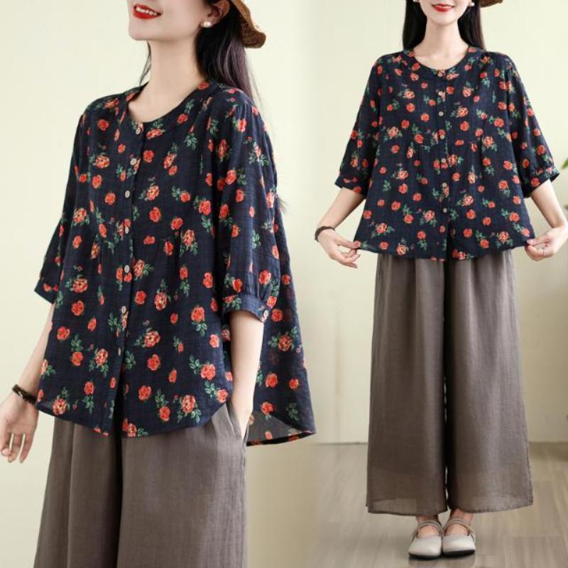 Korean Version Mid Sleeve Shirt Women's Shirt Women's Loose Five Quarter Sleeve Top Women's Summer Cotton and Linen Shirt Top