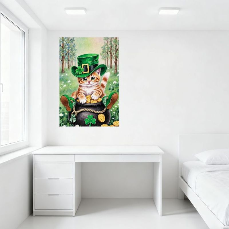 Cute Orange White Kitten Green Eyes St Patrick's Day Metal Tin Sign, Kitten in Black Pot Golden Coins with Leprechaun Hat 4-Leaf
