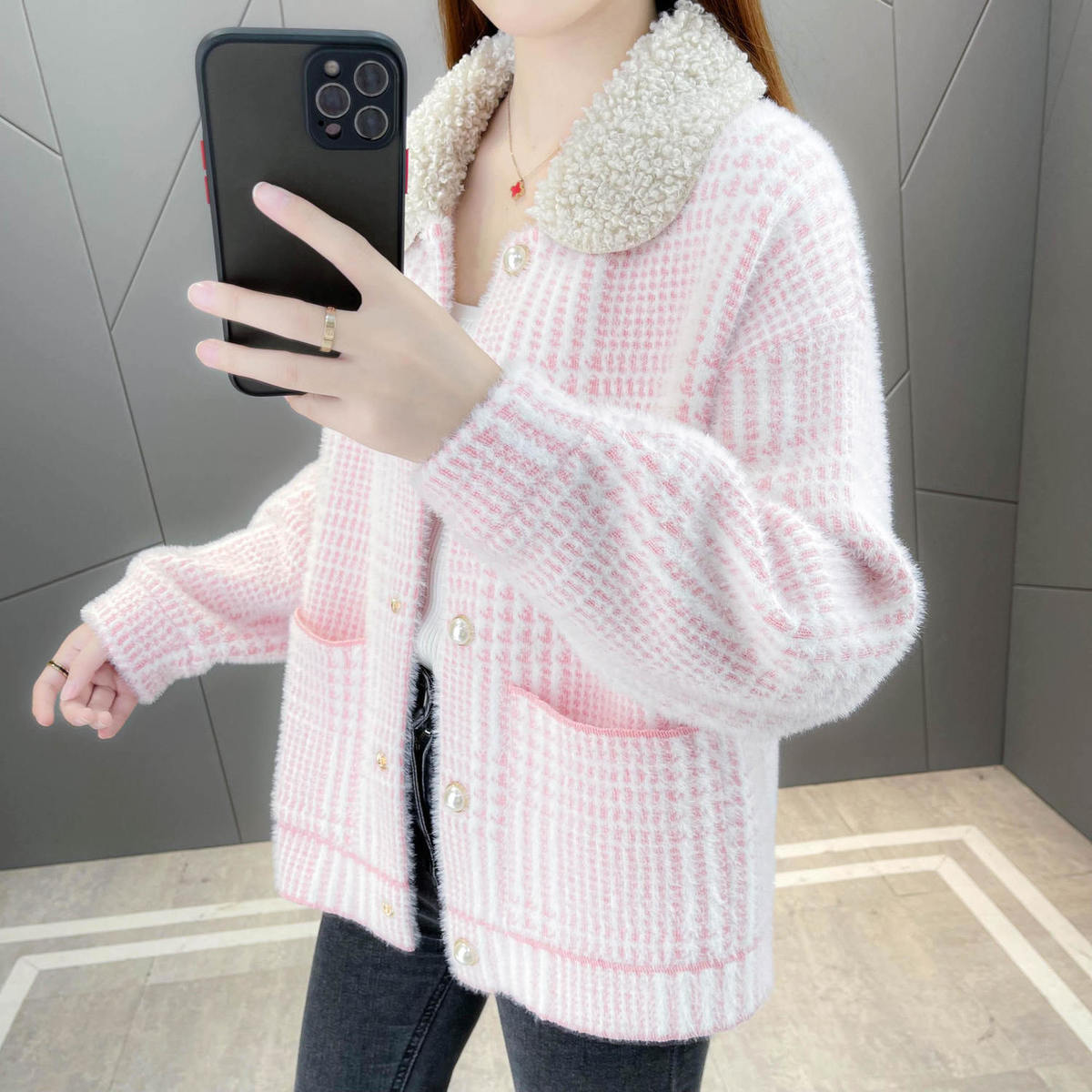 

Новое женское короткое вязаное пальто из искусственной норки, свободный вязаный кардиган, шерстяное пальто L