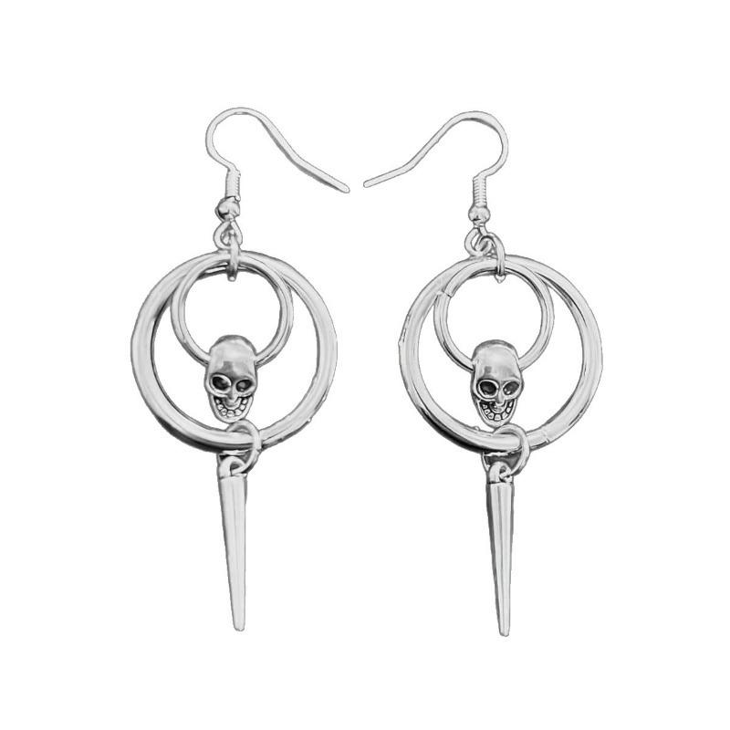Punk Gothic Long Rivet Tassels Skull Double O-shaped Ring Dangle Earrings for Women Halloween Party Alternative Jewelry Gifts