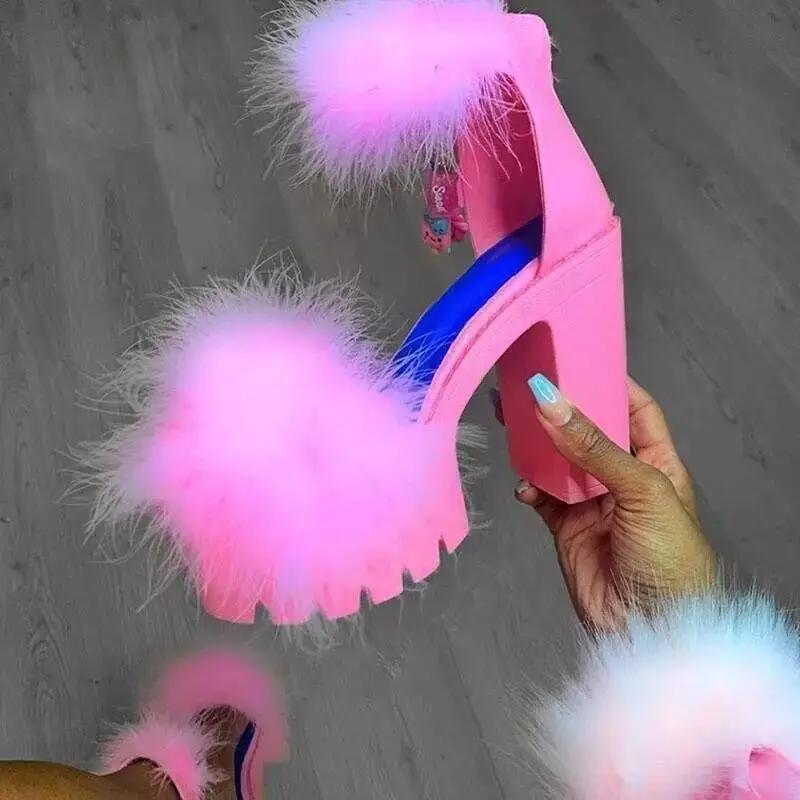 Fashion Woman Furry Sandals High Heels with Fur Female Platform Pumps Women Ankle Strap Women's Wedge Shoes 2025 Summer