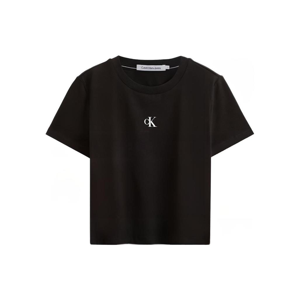 Calvin Klein Lässiges T-Shirt mit Rundhalsausschnitt und Buchstaben-Print für Damen, kurzärmlig, Schwarz, J221837-BEH